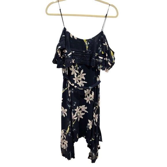 Paige Sahar Cold Shoulder Flutter Silk Navy Blue Floral Lined Dress Size Small - Picture 3 of 9